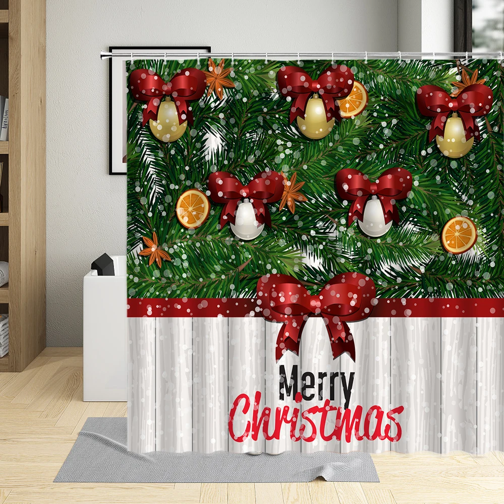 Christmas Shower Curtain Green Plant White Yellow Christmas Ball Red Winter Holiday Decoration Wall Cloth Bathroom Curtains Sets