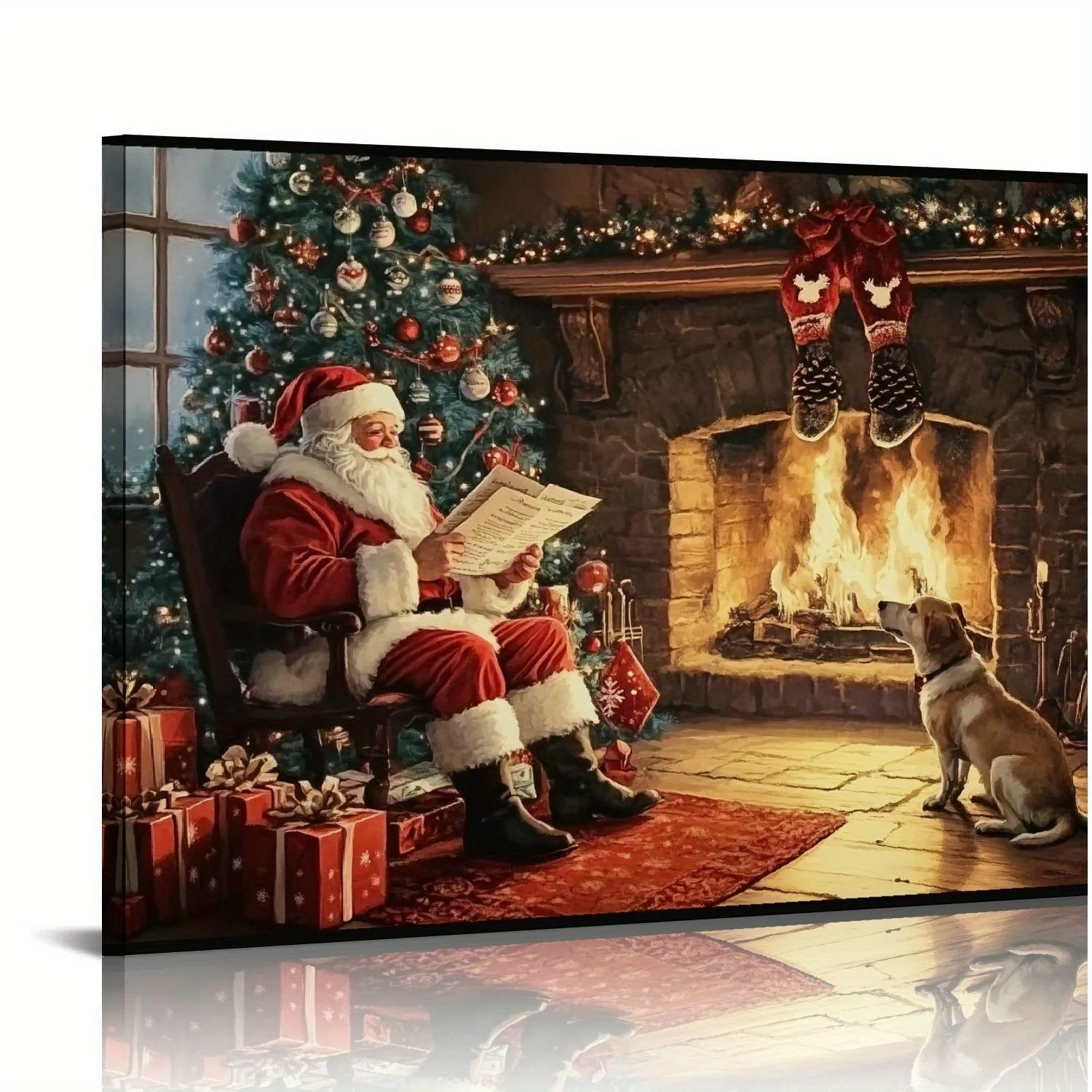 1PC Rustic Santa Delivery Canvas Painting Cute Dog with Gifts By The Fireplace Holiday Vintage Christmas Decoration Christmas