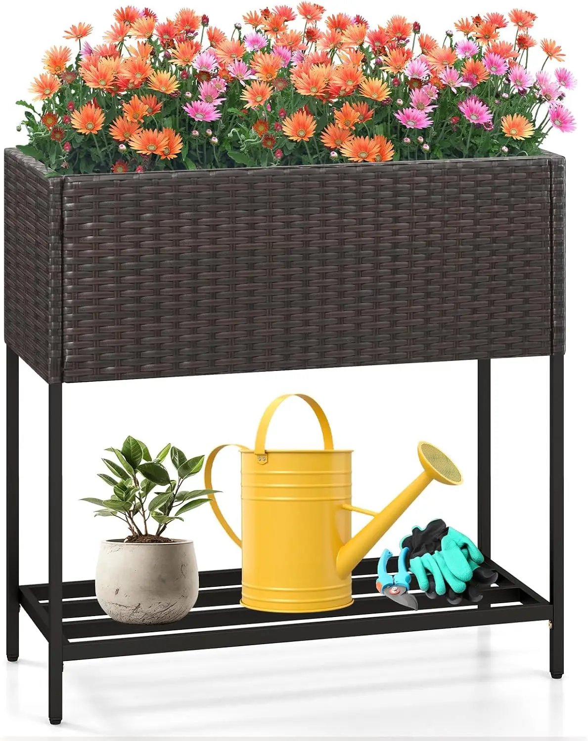 Raised Garden Bed with Legs and Bottom Storage Shelf – 28-Inch Ergonomic Height, PE Rattan Design, Enhanced Drainage & Sturdy H-Frame