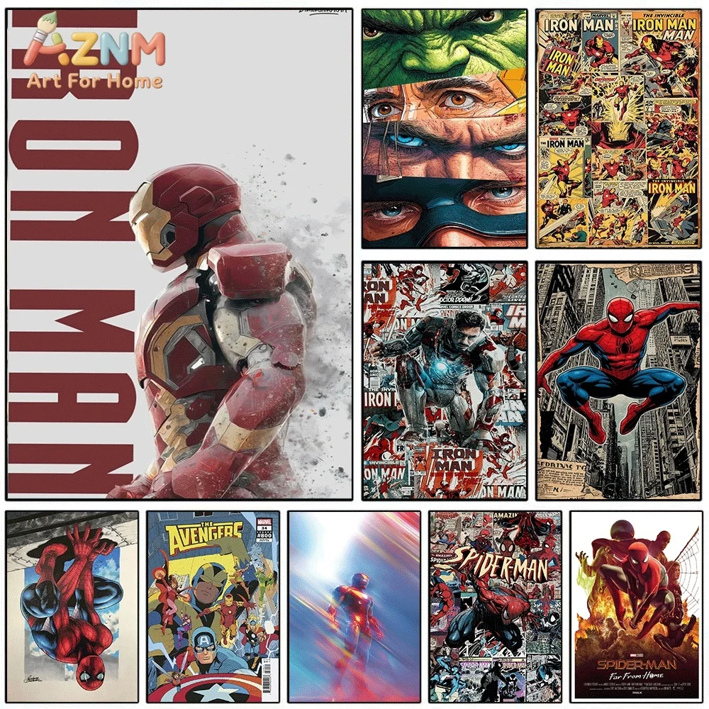 AZNM Iron Man Side Profile Large Text Canvas Wall Print, Superhero Red‑Gold Armor Grunge Splash Effect Comic Graphic Art Poste
