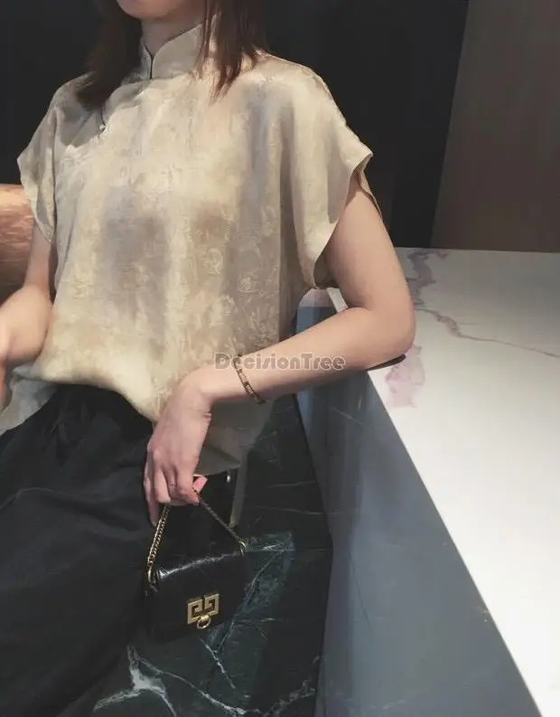 2025 chinese style linen jacquard qipao collar champagne color elegant short sleeves blouse for women girl