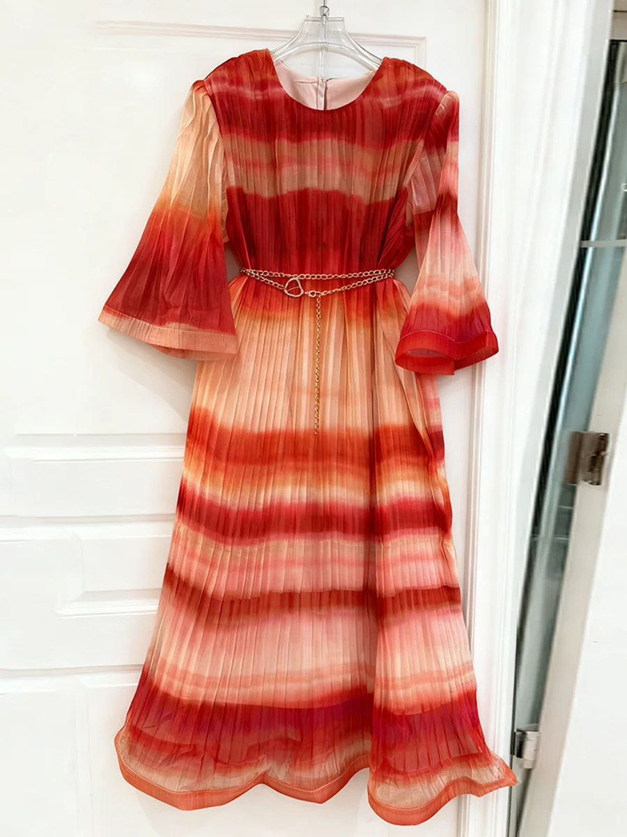 فساتين VGH متدرجة ذات ثنيات مع سلسلة معدنية للنساء برقبة دائرية وأكمام ثلاثة أرباع أنيقة عالية الجودة على شكل حرف A فستان نسائي #6