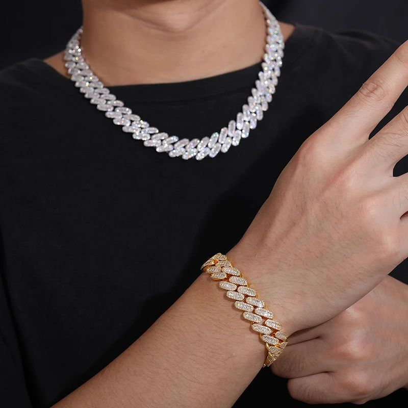 Pass Diamond Tester 14mm 925 Sterling Silver VVS Baguette Moissanite Iced Out Pill Shape Miami Cuban Link Chain Necklace...