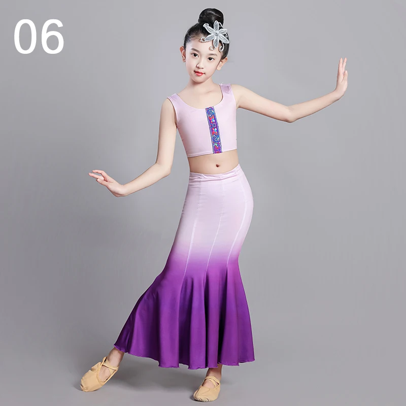 120-160Girl Folk Dance Dress Fish Tail gonna Top Suit Dai National Peacock Dance Stage Performance Costume Dancewear per bambini