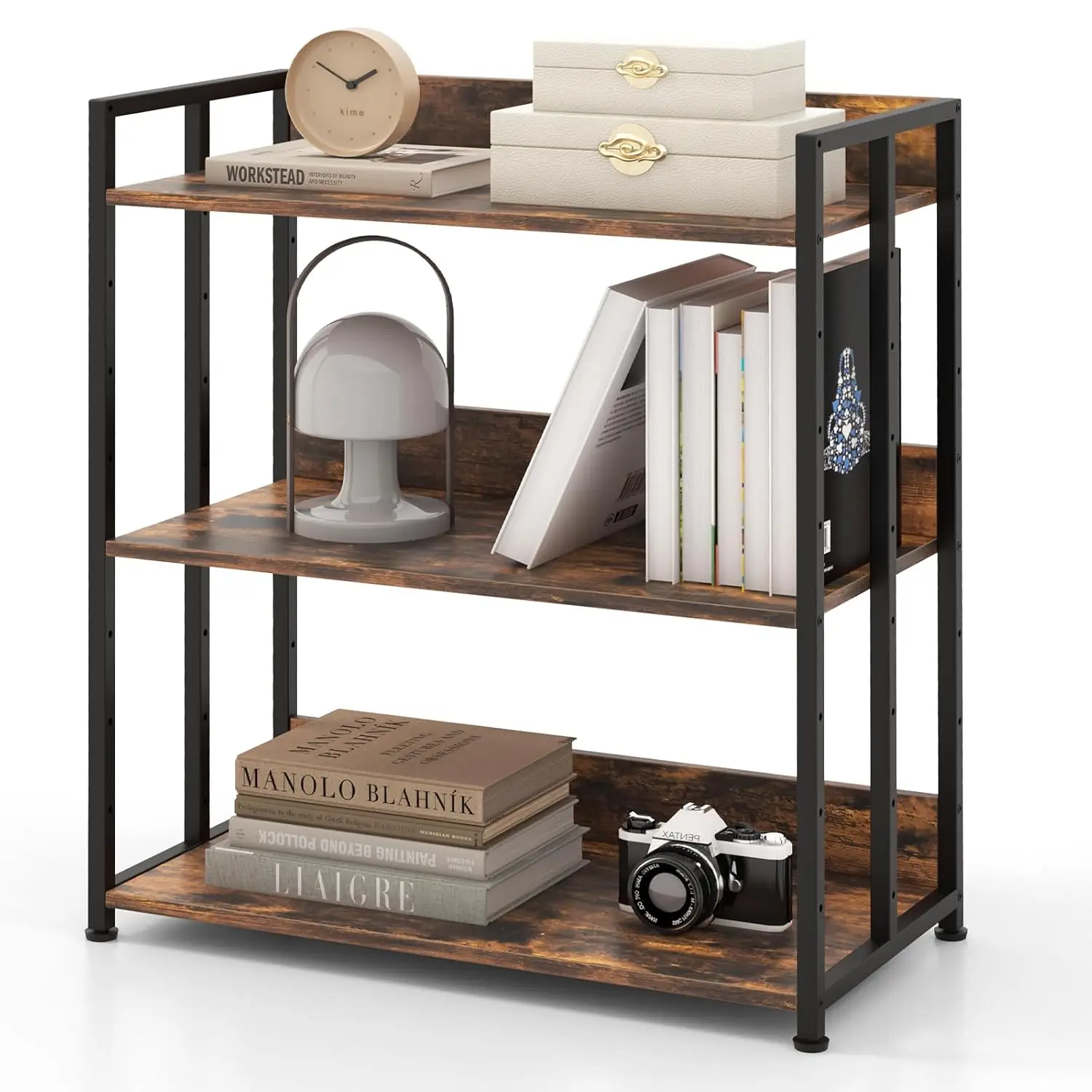 Industrial 3-Tier Bookshelf, Freestanding Bookcase with Adjustable Shelves, Metal Frame & Anti-Toppling Device,, Customized