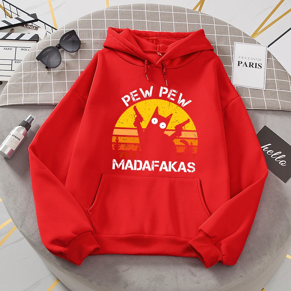 Pew Pew Madafakas Cat With Two Guns Hoodies Women Casual Fashion All Match Hoody Fleece Warm New Pullovers Harajuku Trend Hooded