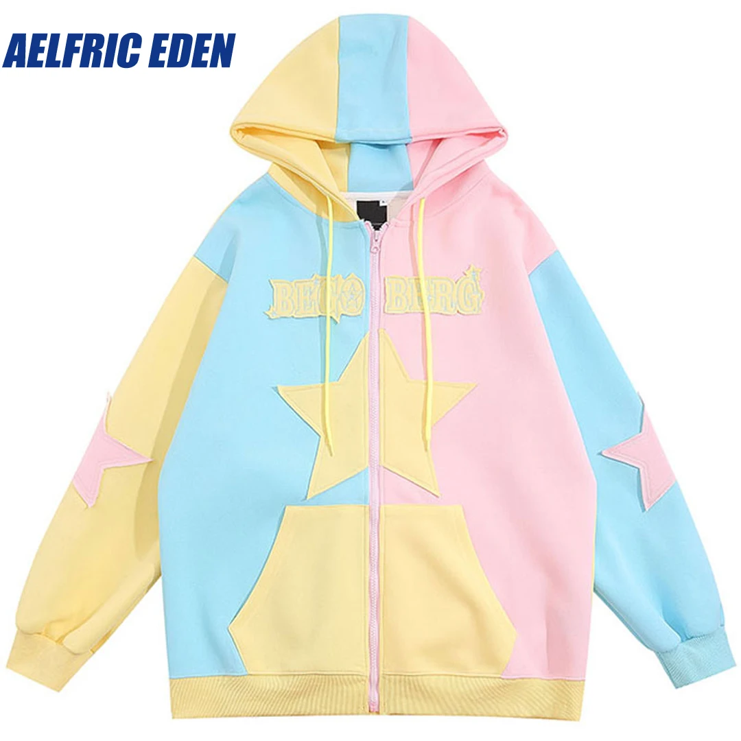 

Aelfric Eden Embroidery Retro Multi Color Block Patchwork Colorful Hoodie Y2K Hip Hop Harajuku Star Zipper Hooded Sweatshirt