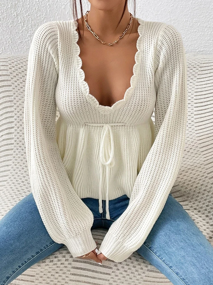 Halbtransparenter, modischer und eleganter, einfarbiger Strickpullover für Damen mit Laternen-Kordelzug