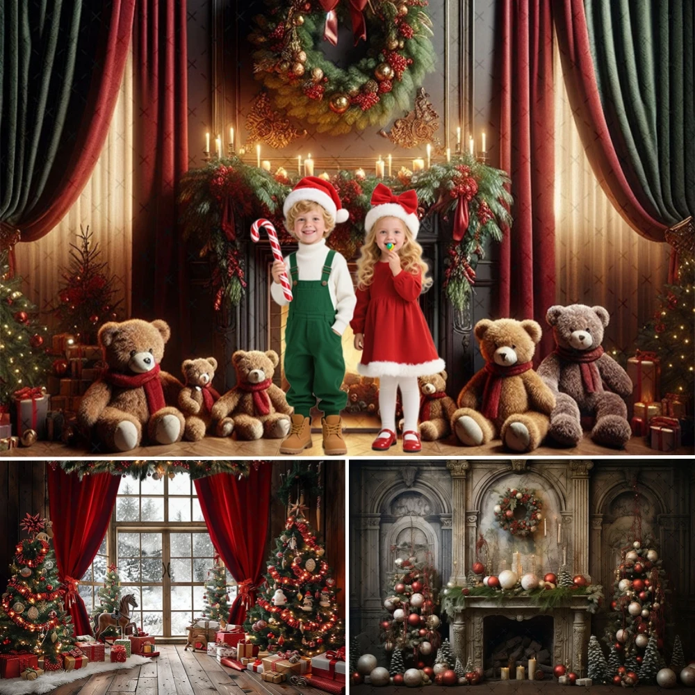 

Christmas Santa Claus Window Snow Photography Backdrop Forest Xmas Tree Red Curtain Girl Portrait Photoshoot Backdrops Props