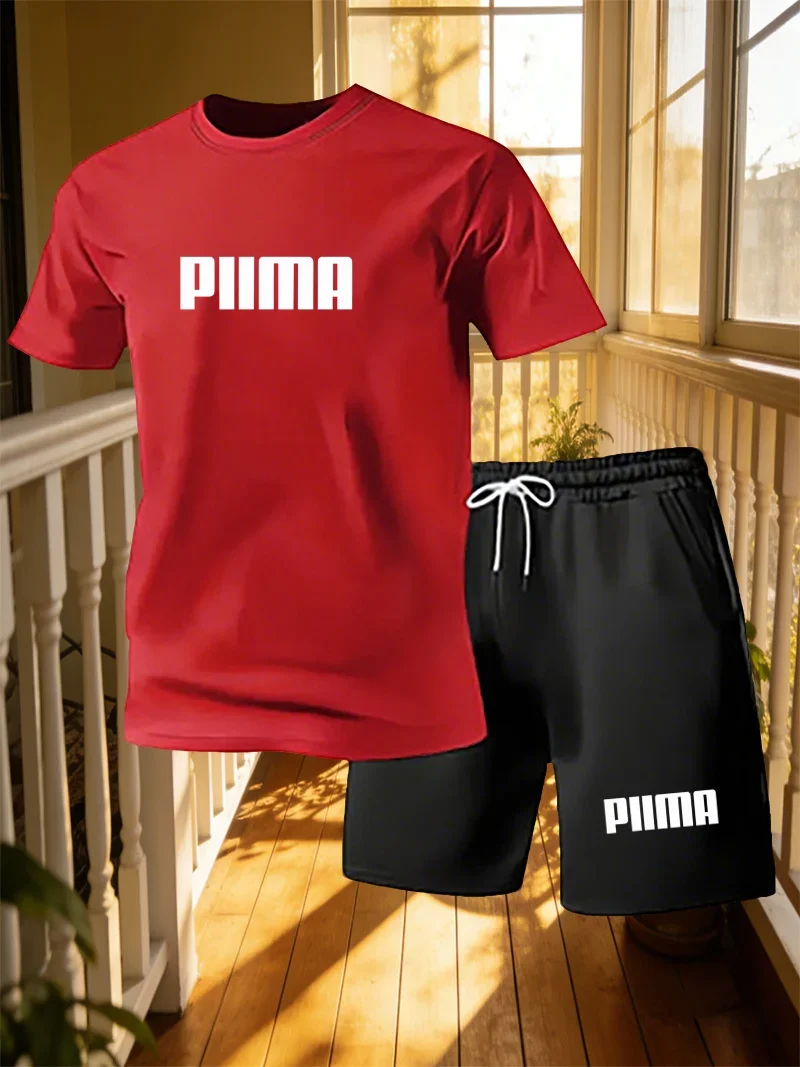 

Мужской летний комплект из футболки с короткими рукавами и шорт, простой и модный спортивный комплект из 2 предметов с принтом букв, быстросохнущий.