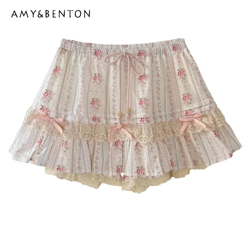 

Original Design Sweet Lace Floral Print Women's Skirt Pants 2026 New Cute Bow Loose Versatile Age-reducing Short Skirts Ladies