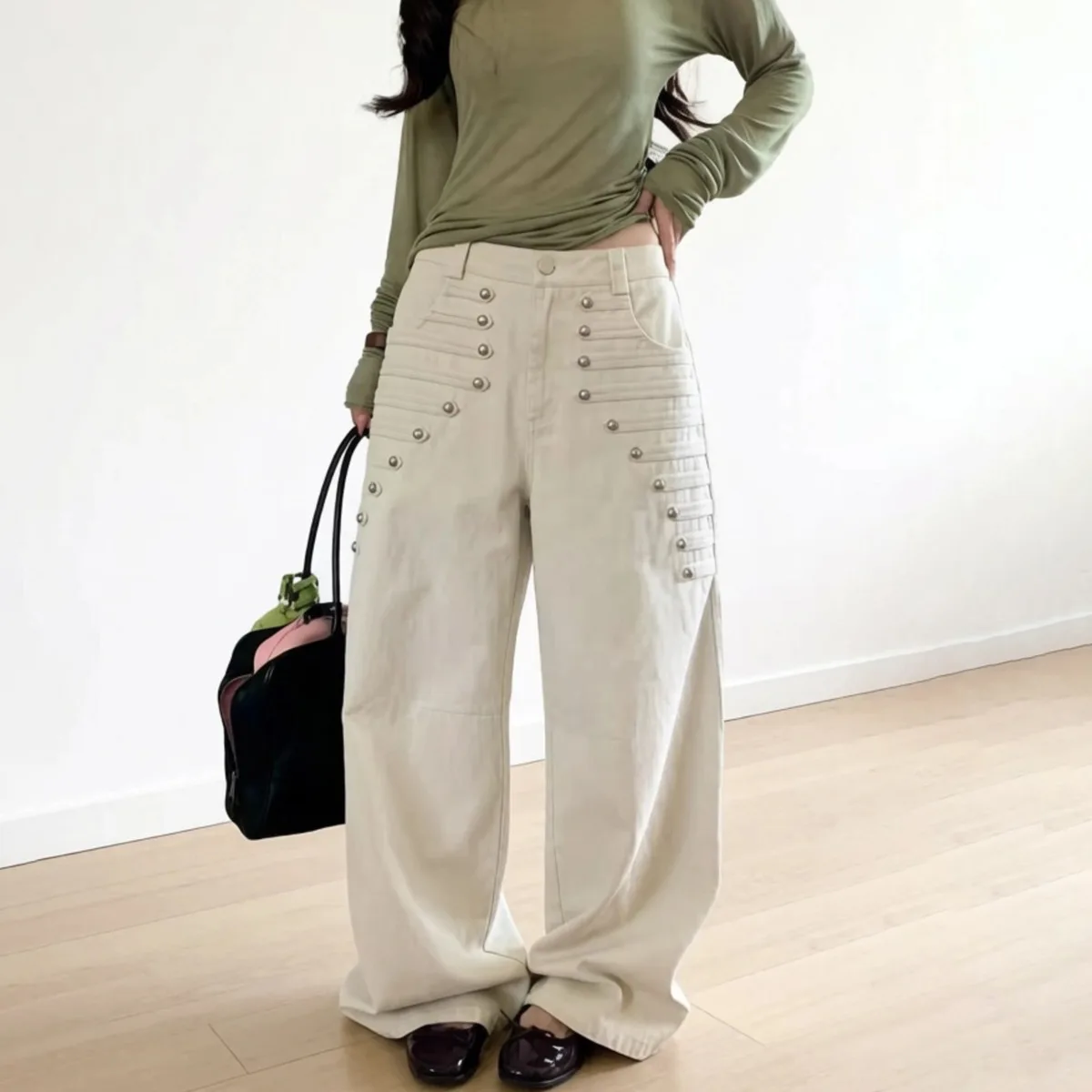 Women High Waist Wide Leg Pants, Multi‑Button Decor  Pleated Detail, Loose Baggy Trousers, Casual Streetwear Pants With Pockets