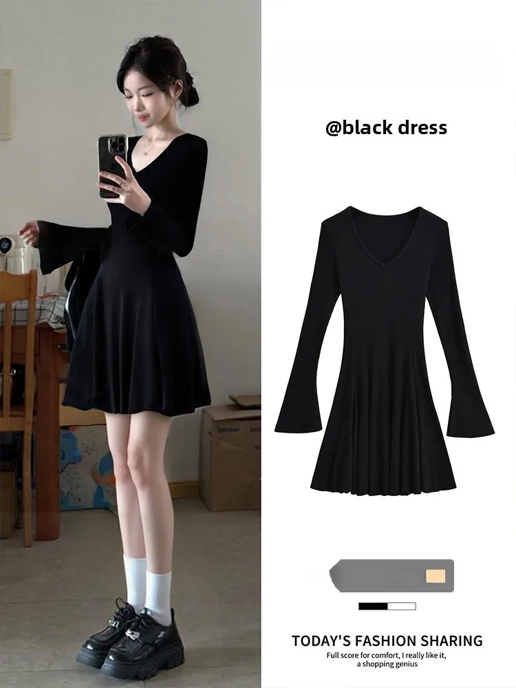 

Черное трикотажное платье с длинным рукавом для женщин, зимнее, базовое, повседневное, с V-образным вырезом, А-силуэт, для города и работы