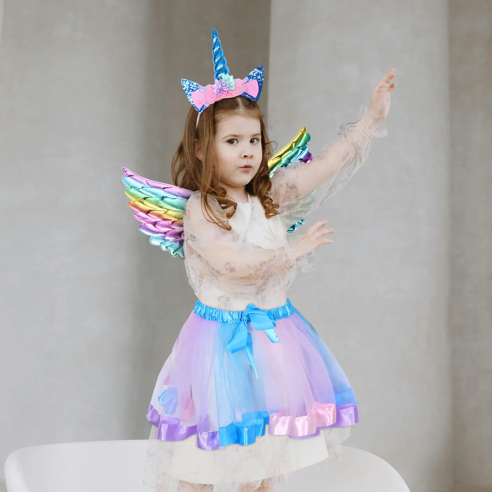 Unicorn Headband Wings Set Vibrant Birthday Tutu Dress Kids Halloween Cosplay Party Performances Animal Costumes for Kids