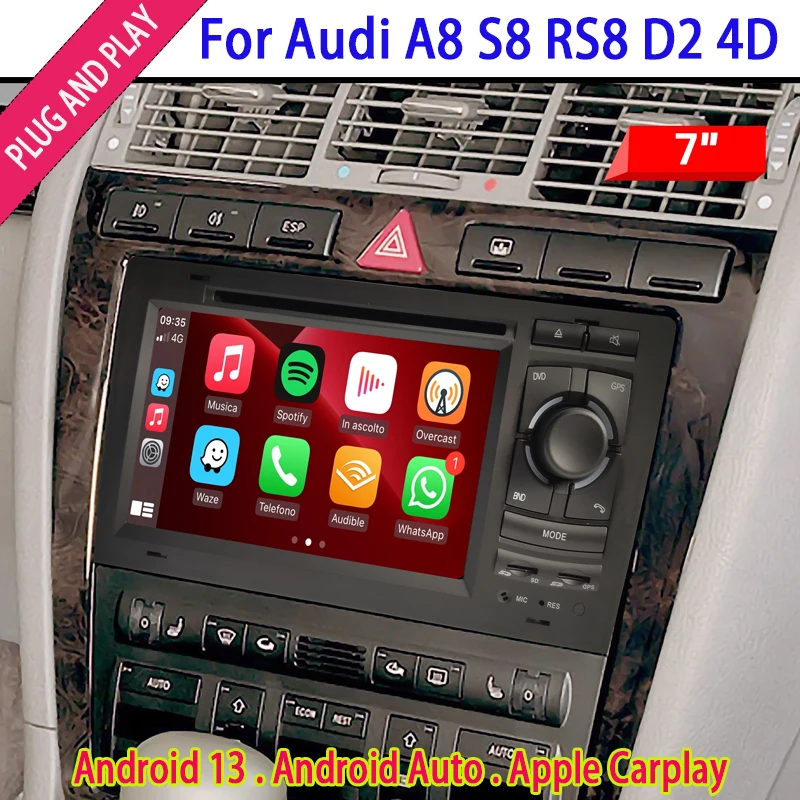 For Audi A8 S8 RS8 D2 4D Stereo Wireless Apple CarPlay Android Auto Radio Wi-Fi DVD Android 13 Apps Navigation 7 Touch Screen