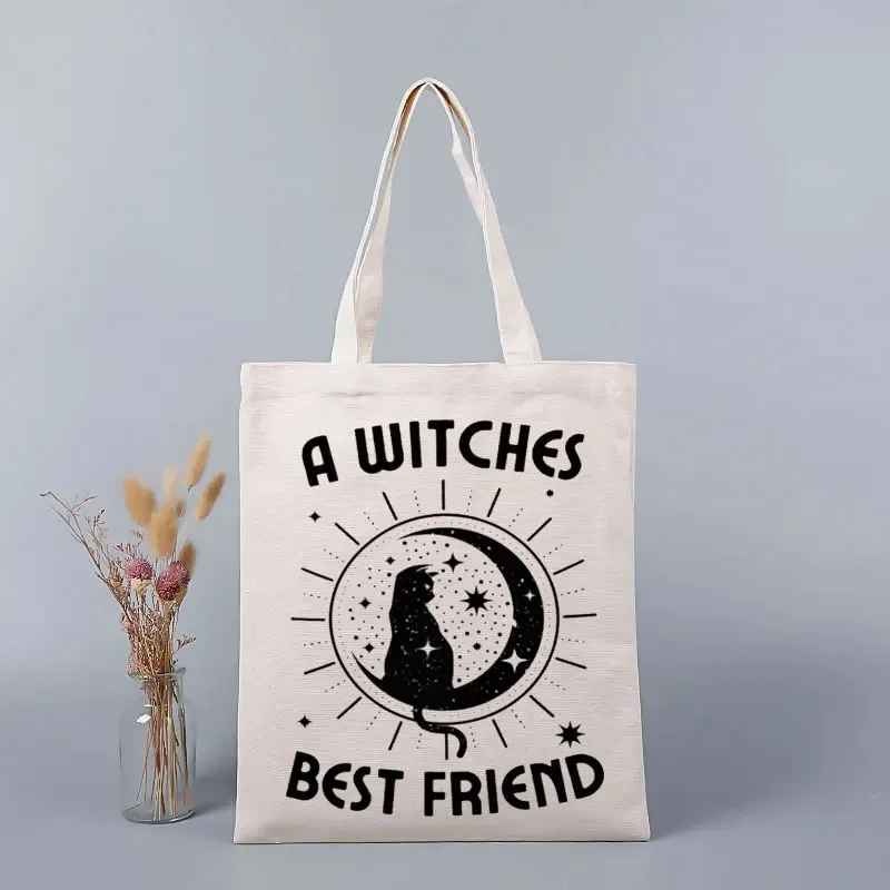 Witchy Cat Canvas Tote Bags Moon Star Pattern "A WITCHES BEST FRIEND" Print Reusable Shopping Bags for Halloween and Daily Use view 5
