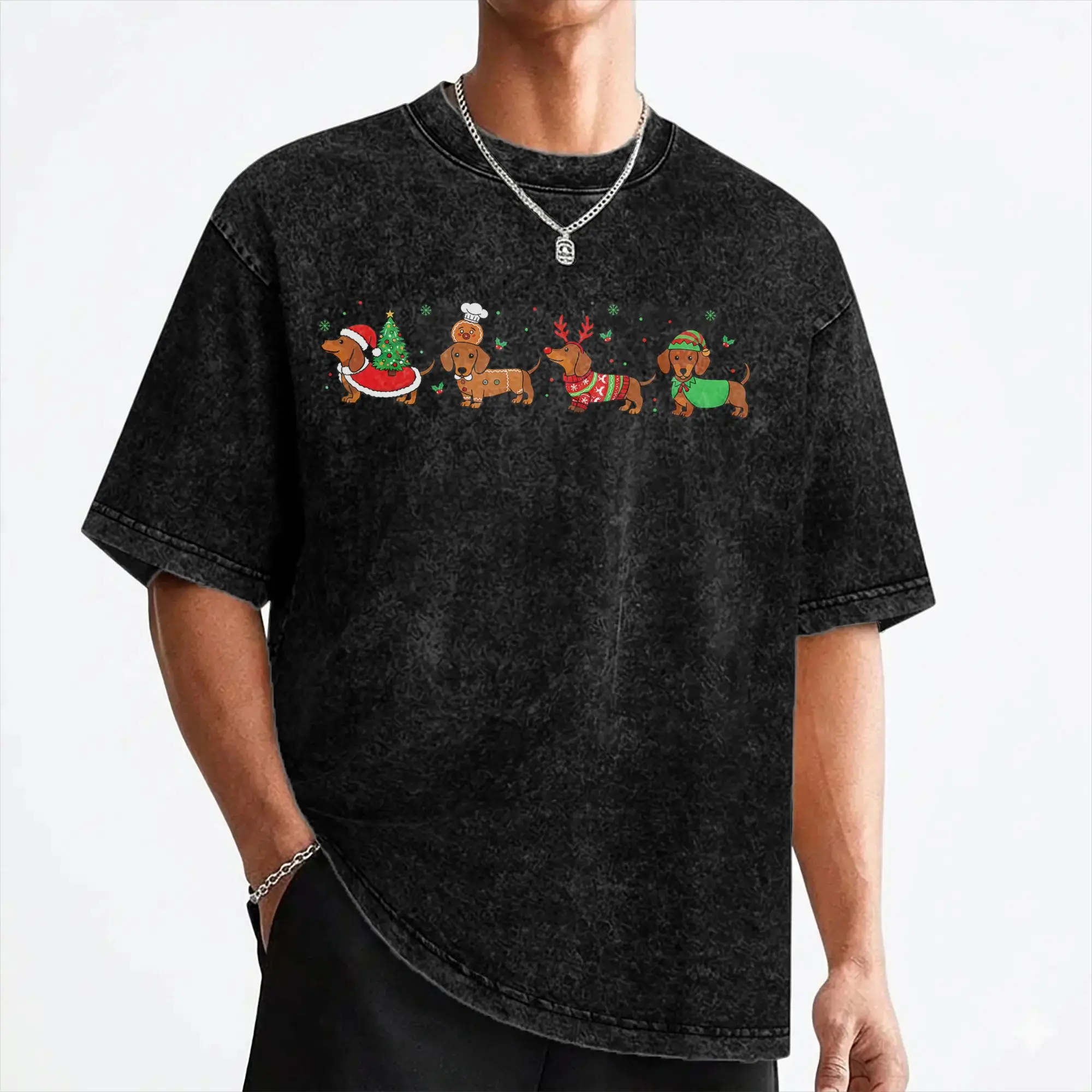 Dachshund Christmas Dog Lovers T Shirts Washed Cotton High Street T-Shirts  Novelty for Men Women Streetwear Graphic Tee Shirt