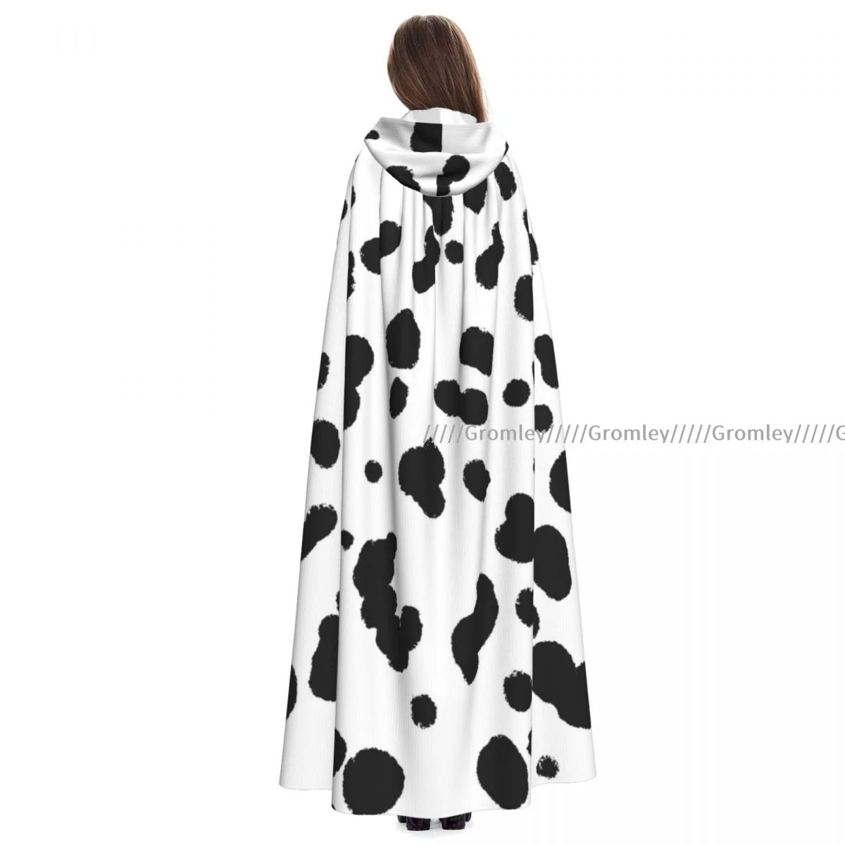 

Dalmatian Print Witch Cloak Hooded Cosplay Costume Halloween Adult Long Party Cape