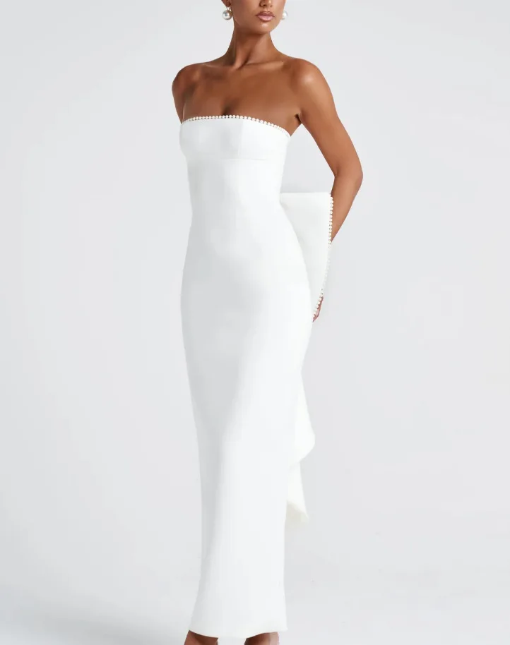 فستان أنيق للحفلات المسائية باللون الأبيض بدون حمالات بفيونكة من الخلف من الساتان غمد طول الكاحل للحفلات الراقصة فساتين رسمية مأدبة رداء السهرة