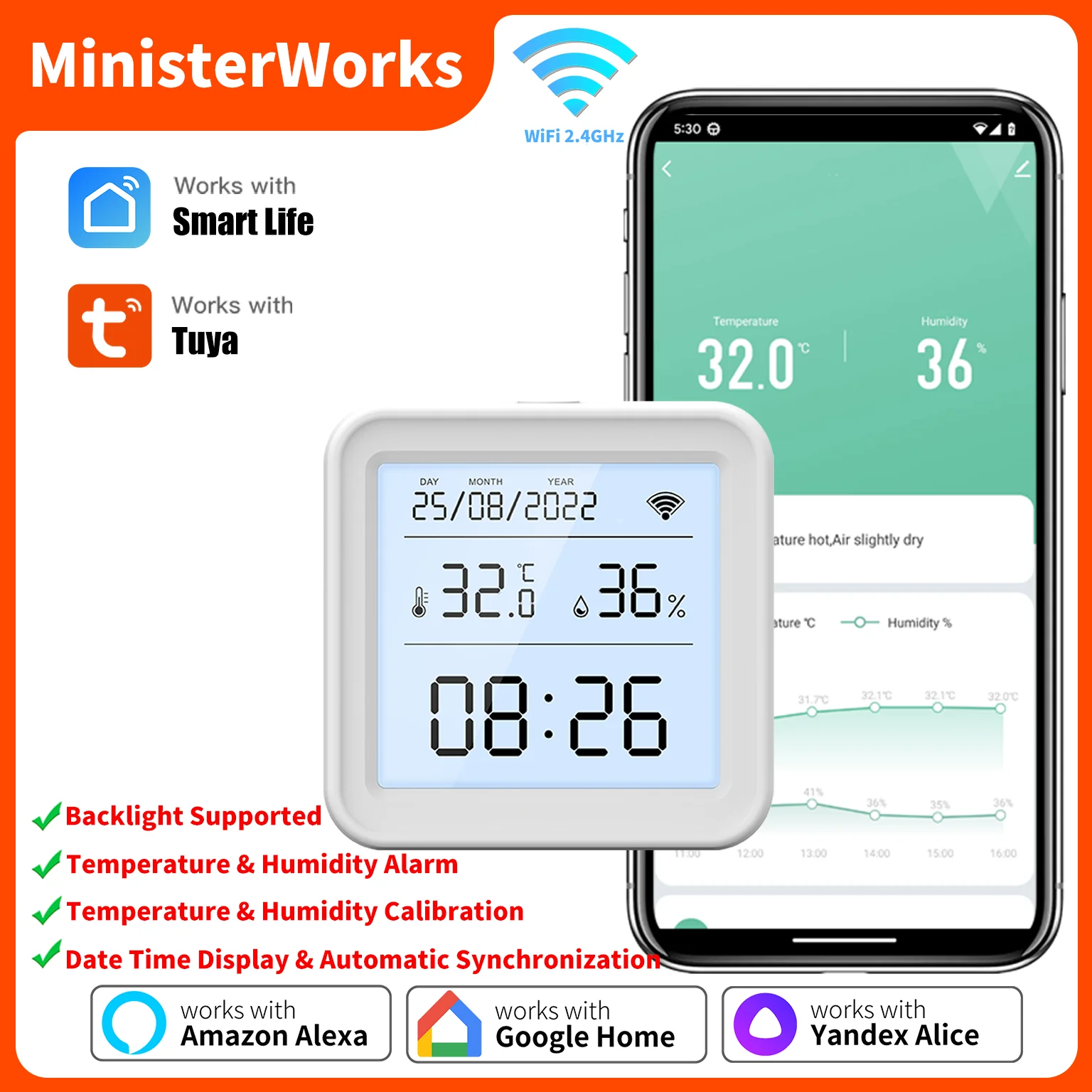 

Термометр-гигрометр Wi-Fi умный датчик температуры и влажности с подсветкой приложение дистанционное управление работает с Alexa Tuya Smart Life