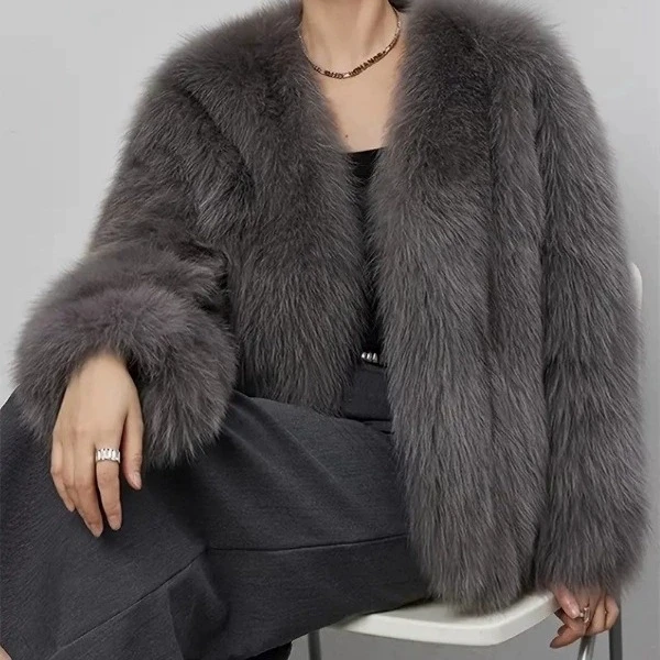 Apricot V-neck Faux fur grass Coat 2026 Winter New Fashion Imitation Fox fur Coats Women's Short Fluffy fur Plush Warm Outwear