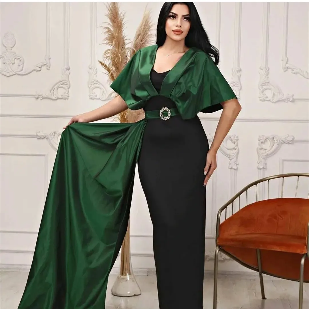 Women's Emerald and Black Trumpet Prom Dresses for Teens V-Neck Saudi Sheath Formal Dress with Train Pleated فساتين نسائيه سه