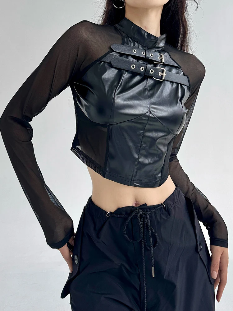 Dark Style Night Club Sexy Girl Dance PU Leather Jacket Mesh Splice Jazz Top Women's Fashion Set Performance Costume