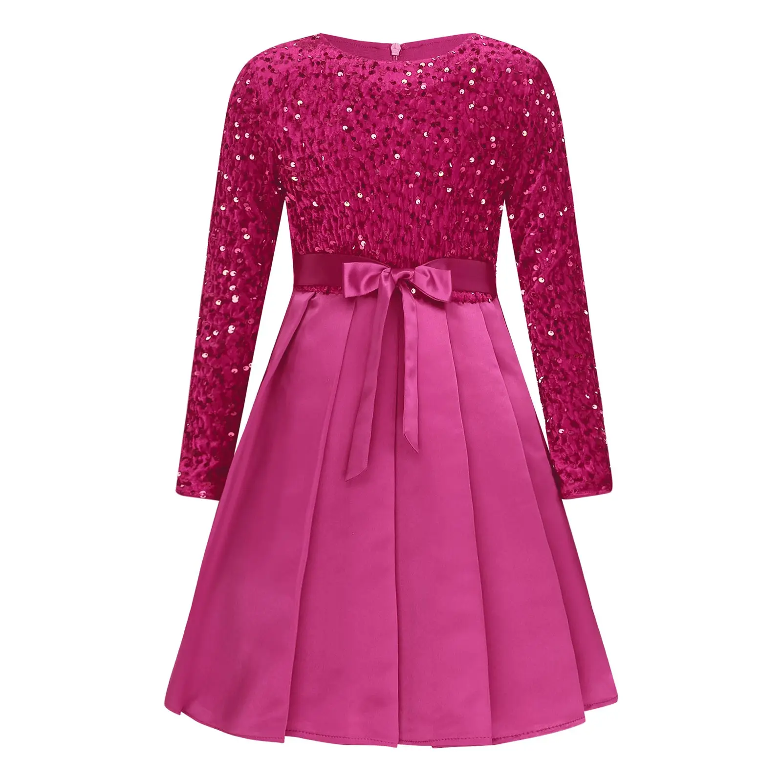 

Girls Glittery Sequin Party Gown Flower Girl Dress Show Long Sleeve Belted Pleated Dress for Banquet Wedding Ceremony Pageant