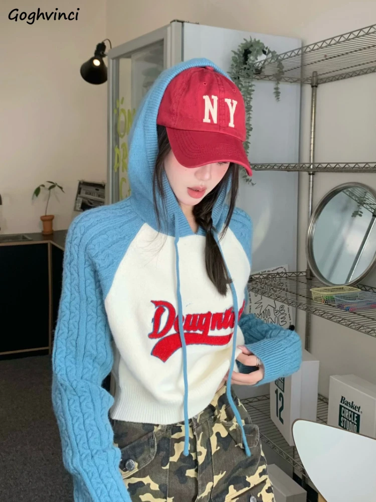 

Hooded Pullovers Women Letter Embroidery Vintage Fashion Streetwear Y2K Cropped Knitted Tops Autumn Lace-up All-match Temper