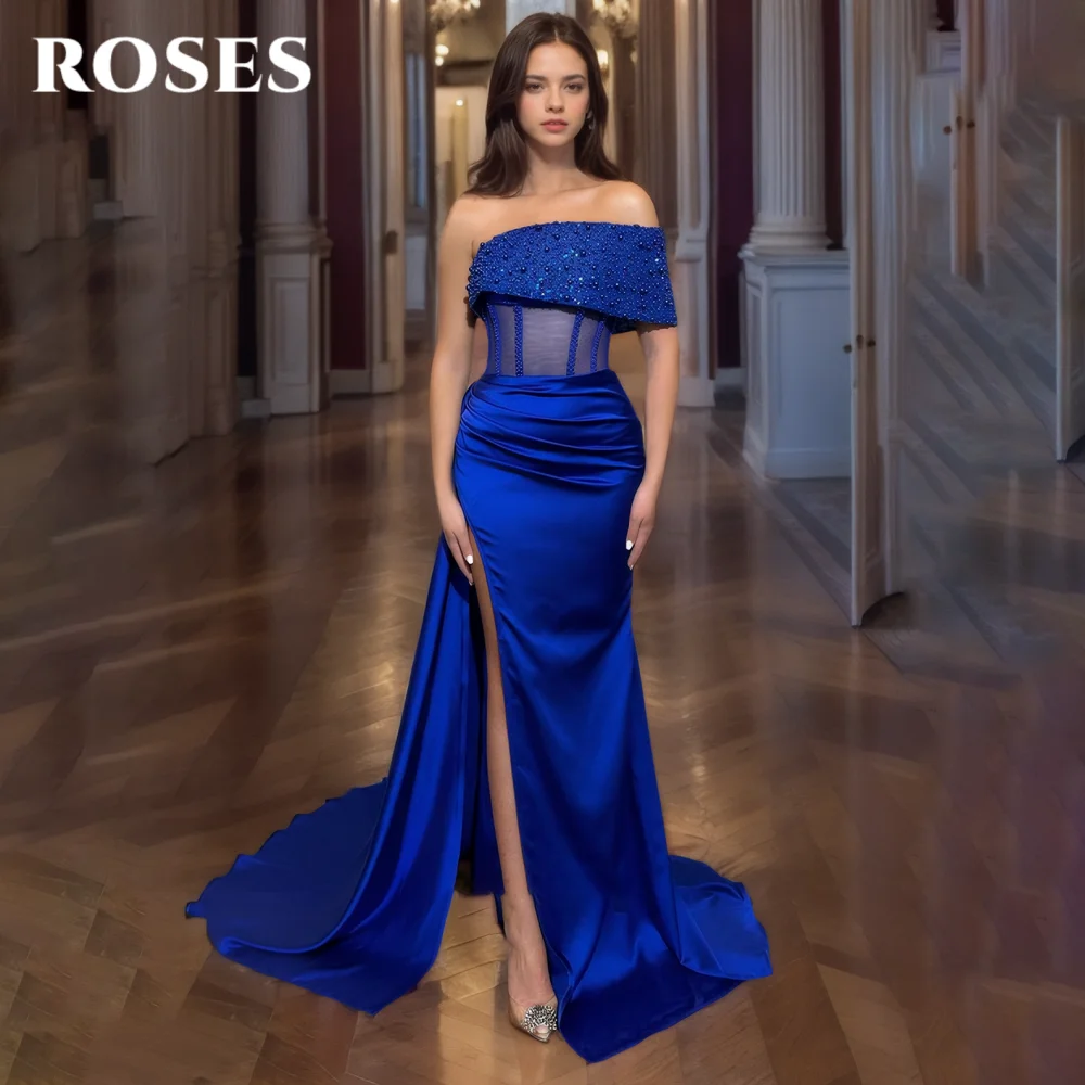 

Lily Navy Blue Pearl Elegant Prom Gown Strapless One Shoulder Hollow Party Dress with Fishbone Satin Split Ball Gown Customized