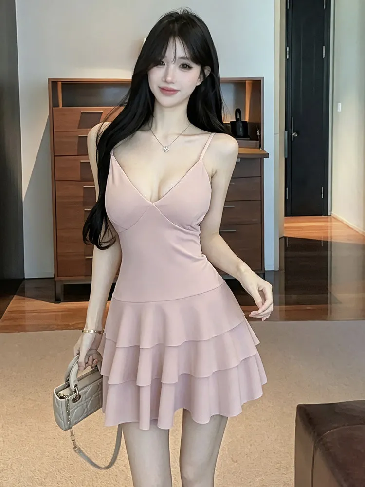 Sexy High Waist A-Line Short Skirt V-Neck Dress with Lace Trim Multi-Layered Slimming Tight-Fitting Casual Wear Spring Summer...