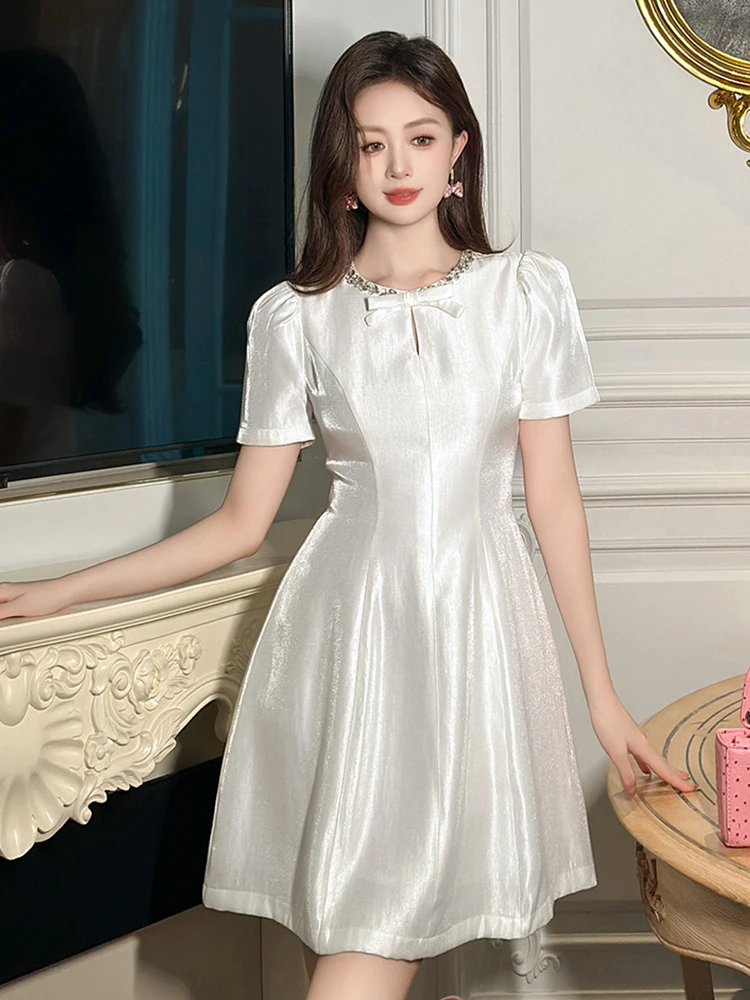 

Women's French Cute Princess Dress Woman Elegant Lovely White Bow Hollow Cut Out Bubble Sleeve Ball Gown Date Party Vestido Lady