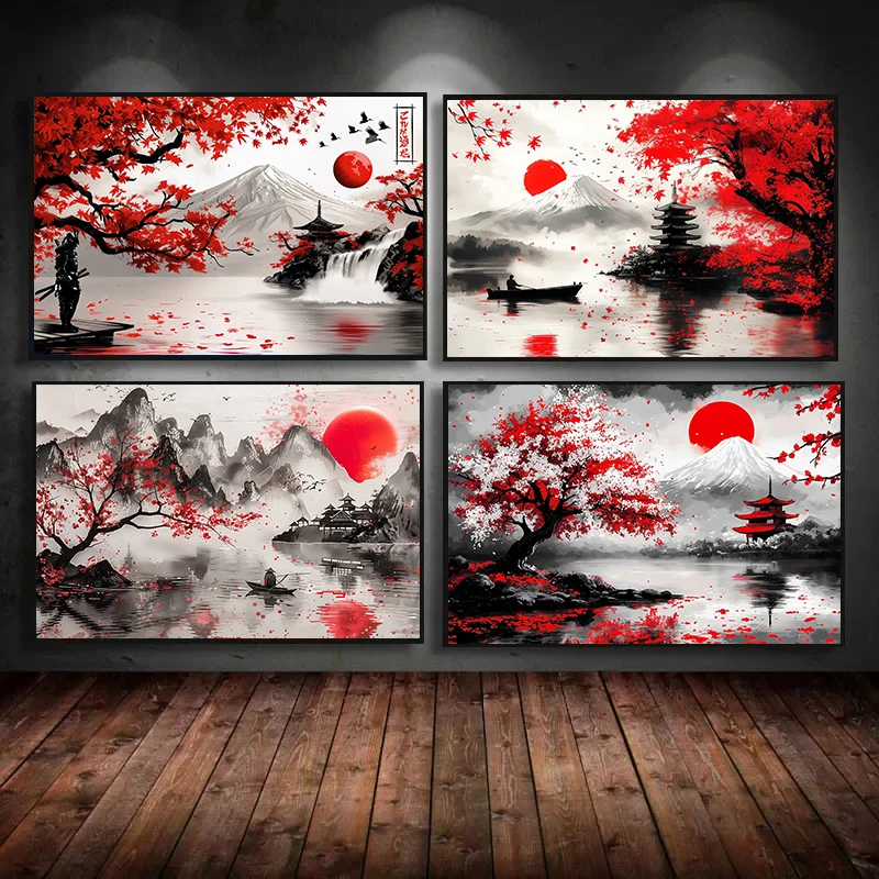 Japanese Landscape Ink Painting Canvas Poster Mountain Cherry Blossom Flowers Samurai Dragon Koi Picture Wall Art Home Decor