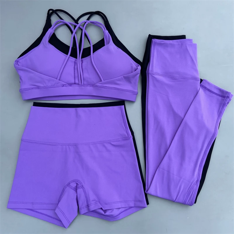 

3 Piece Women Gym Sports Set Yoga Set Workout Clothes Fitness Suit Cross Straps Bra High Waist Shorts Leggings Running Tracksuit