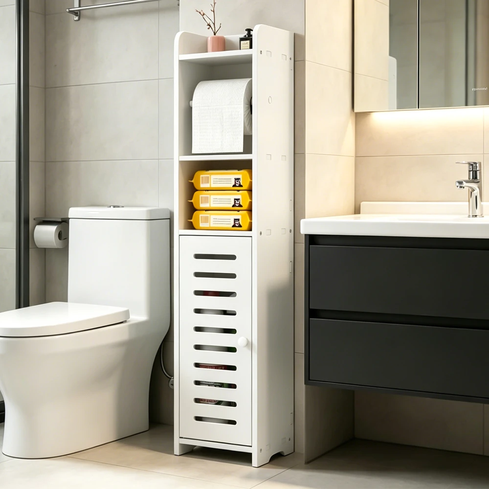 Bathroom 15cm Slim Gap Storage Cabinet, Waterproof PVC Freestanding Toilet Side Organizer with Magnetic Door & Paper Holder