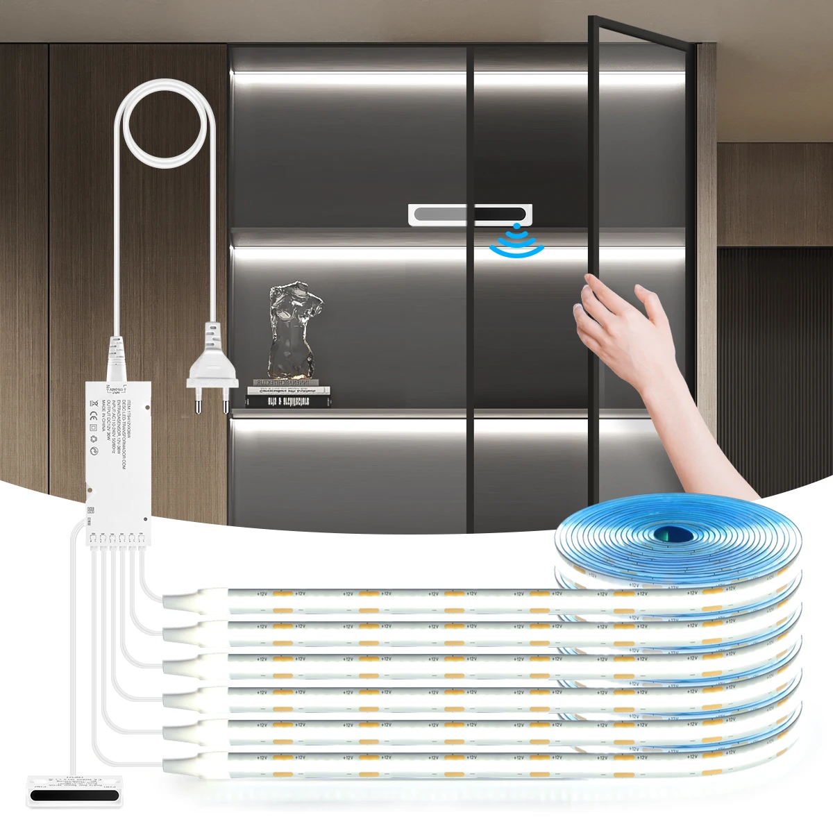 

Smart LED Night Light COB Strip with Proximity Sensor Switch 12V Double Door Sensor Control for Cabinet Storage Wine Cooler