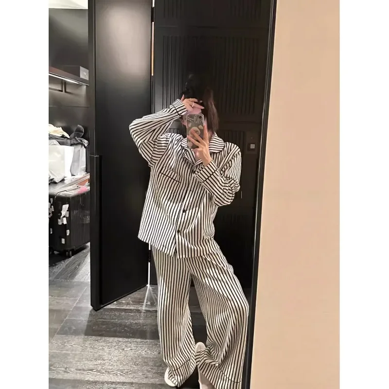Stripe Pajamas Women Spring and Autumn 2024 New Pure Cotton Long sleeve Wide Leg Pants Summer Idle Homewear Set