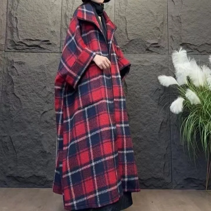 Vefadisa 2024 Autumn Winter New Red Plaid Women Wool Coat Lapel Batwing Sleeve Personality Fashion All-match Long Coat ZXY1018A