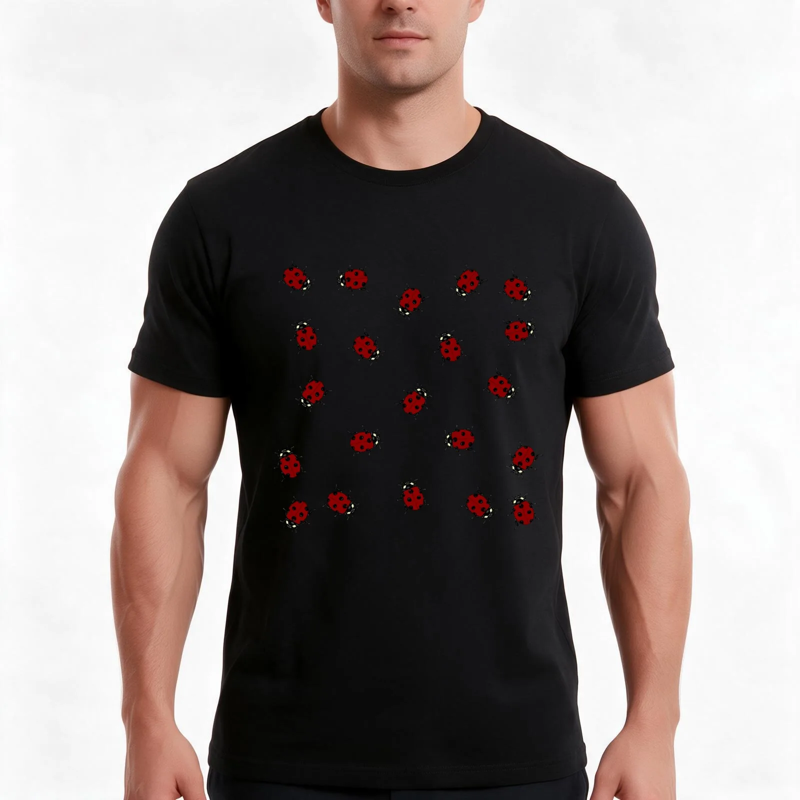 Red Ladybugs T-Shirt, Summer Casual Cotton Tee, Oversized Streetwear Tops, Vintage Graphic Print, Loose Fit Short Sleeve