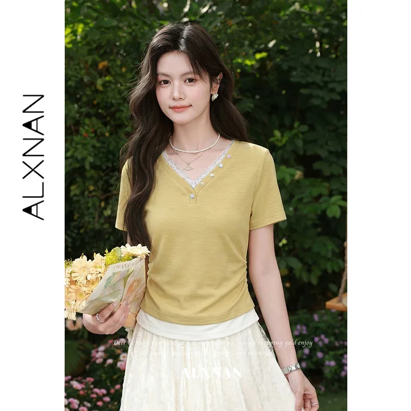 ALXNAN Women's Short Sleeve T-shirt V-neck Lace Trim Fake Two Piece Light Blue Summer Slim Fit Korean Casual 2026 Tops L65706-1 view 2