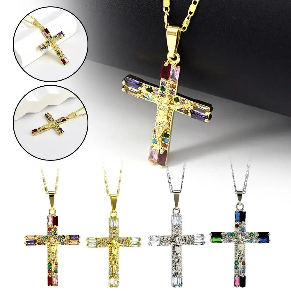 Virgin Mary Women's Collar Golden Cross Pendant Micro Copper Chain Necklace Women's Clavicle Gold Zircon Plated Inlaid Pend V2F6