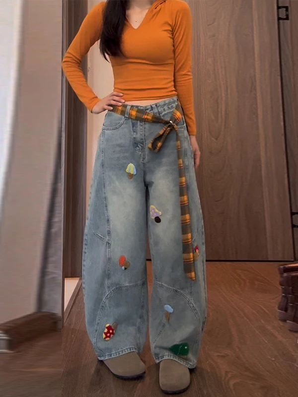 

High Waist Loose Wide Leg Knife Embroidered Towel Denim Jeans Women's Design Sensation American Retro Cartoon plus Size