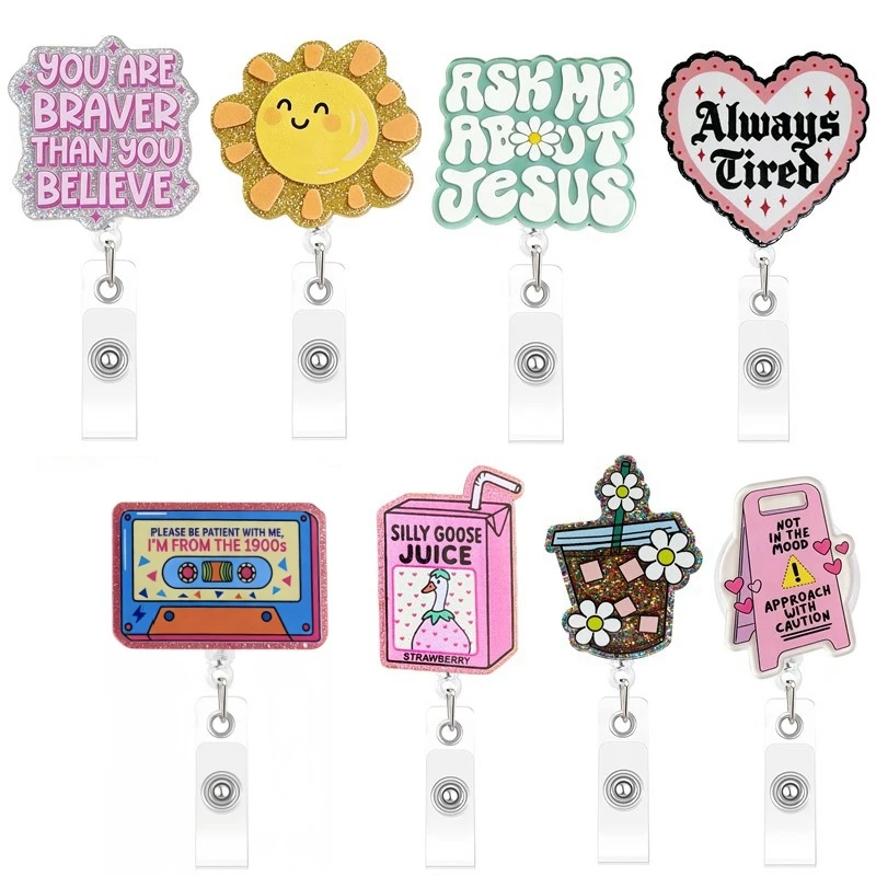 Rtractable Badge Reel with Alligator Clip Glitter Acrylic ID Badge Holder for Nurse Doctor Teacher Funny Quote Work ID Reel Gift