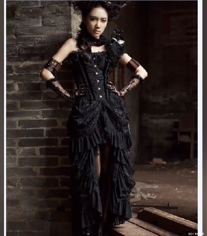 European and American Spring and Autumn Pure Color Punk Steampunk Gothic Banquet Bird Tail Lace Long Dress