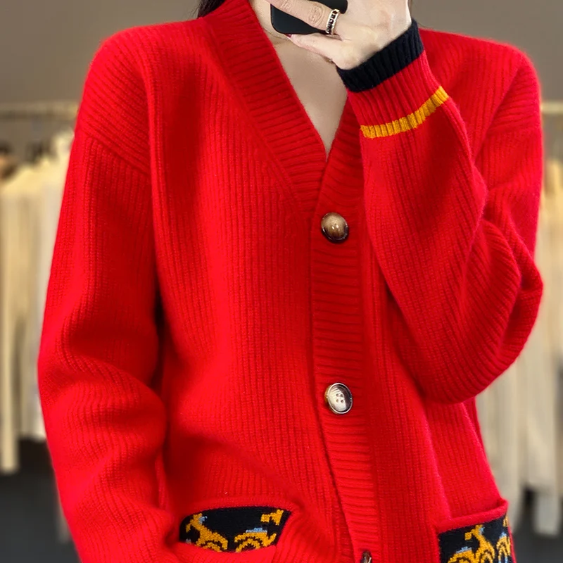 2023 100% Merino Wool Women\'s Clothes V-neck Cardigan Knitted Color Contrast Sweater Long Sleeve Thickened Pocket Casual Fashion