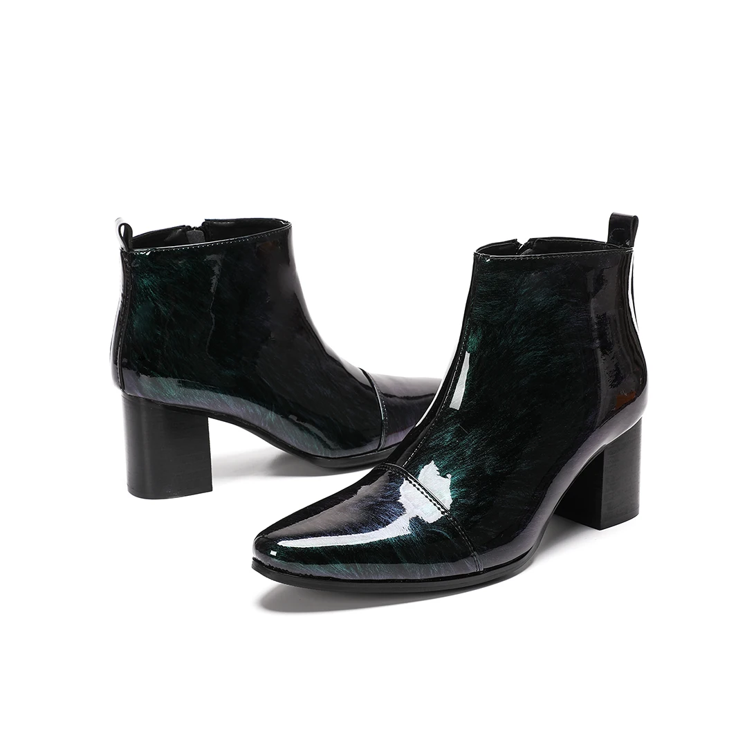 Fashion Pointed Toe Men Genuine Leather High Heel Ankle Boots Big Size Male Jazz Dance Stage Show Short Boots Club Party Shoes