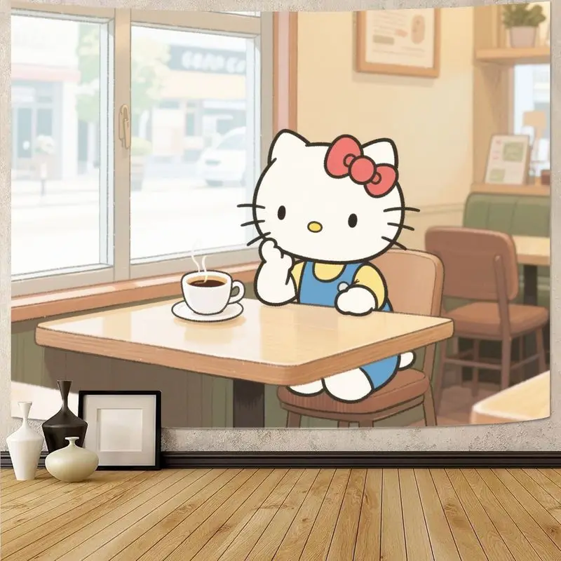 

1PC Sanrio Hello Kitty Cafe Tapestry, Kawaii Coffee Time Wall Art for Living Room Bedroom Dorm, Cute Aesthetic Decor Gift