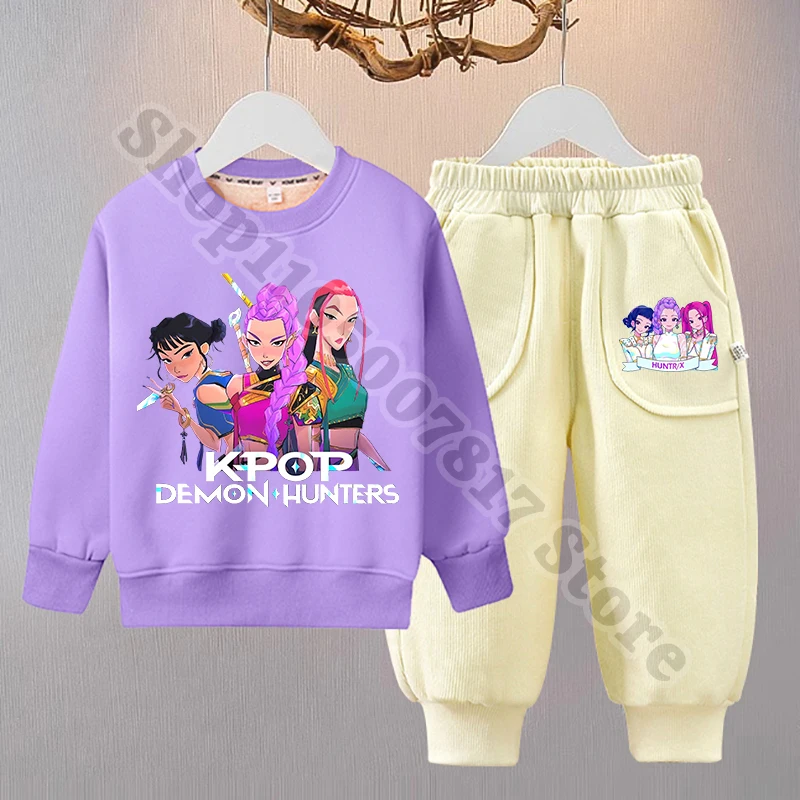 KPop Demon Hunters Children Fleece Sweatshirt Pants Set Winter Cartoon Warm Clothing Girl Cute Pullover Trousers Christmas Gifts