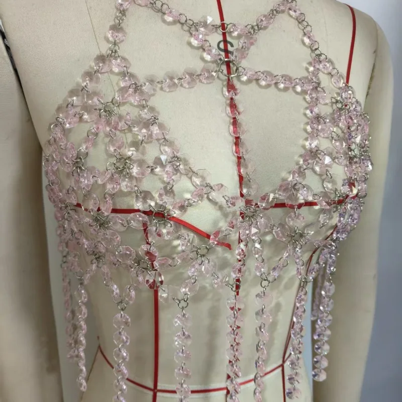 Women Pink Crystal Beaded Jewelry Bra Chain Hollow Out Sexy Dance Show Party Summer Bikini CropTop Breast Chain Цепочки Для Тела