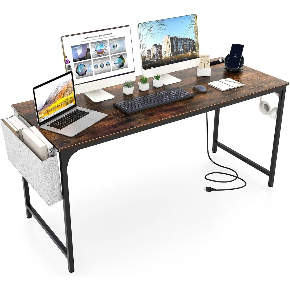 60 Inch Computer Desk with Charging Station, Home Office Writing Desk with Storage Bag & Headphone Hook, Large Gaming